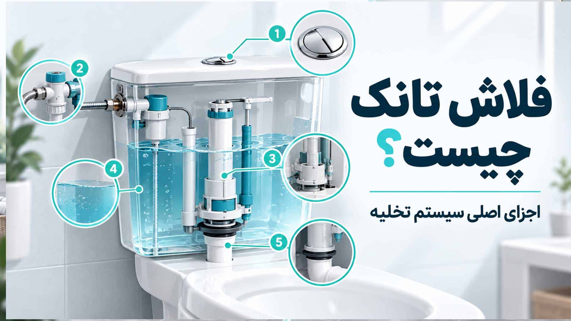 نمای داخلی فلاش تانک و اجزای اصلی سیستم تخلیه