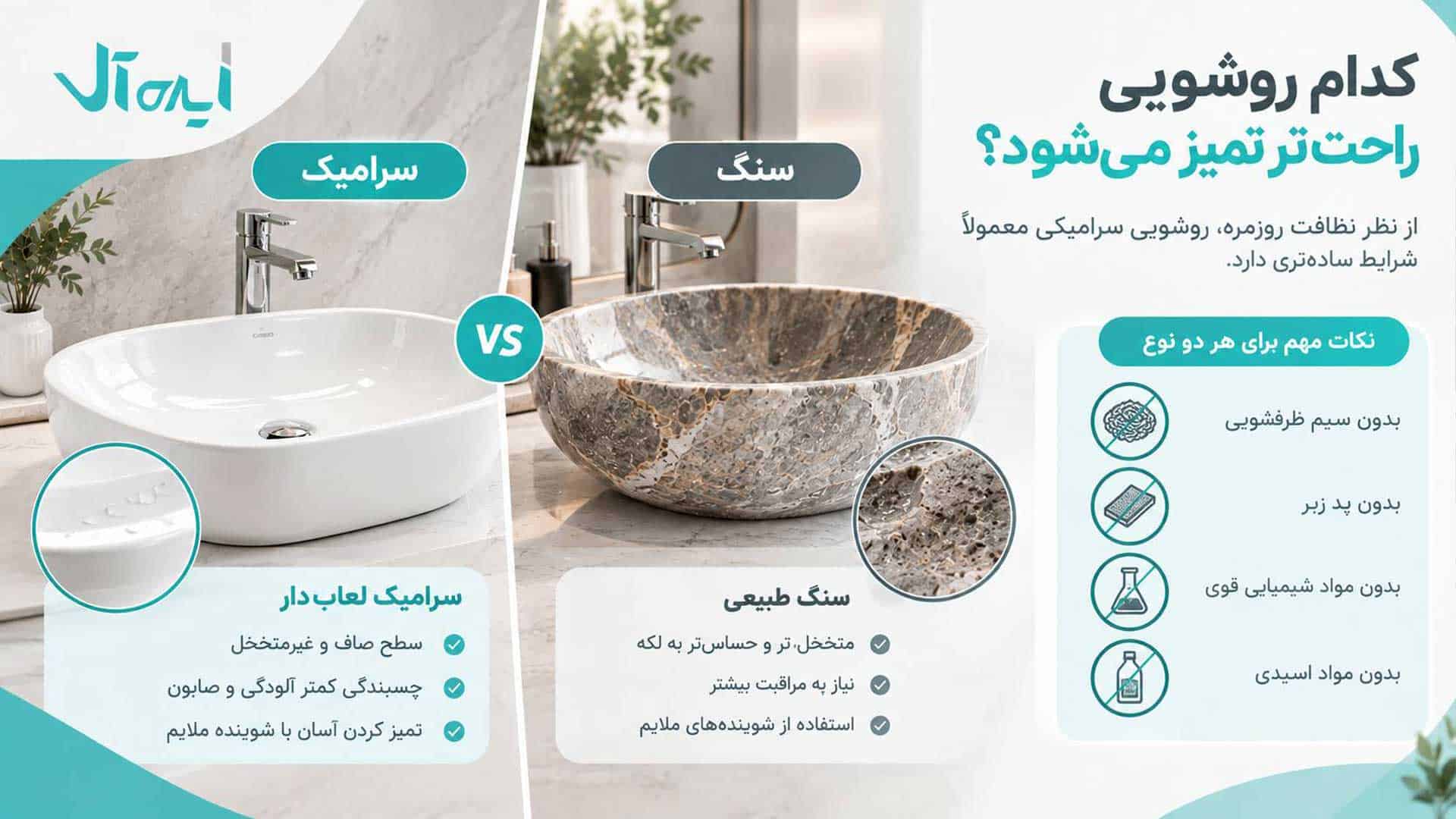 نکات تمیزکاری روشویی سنگی و سرامیکی