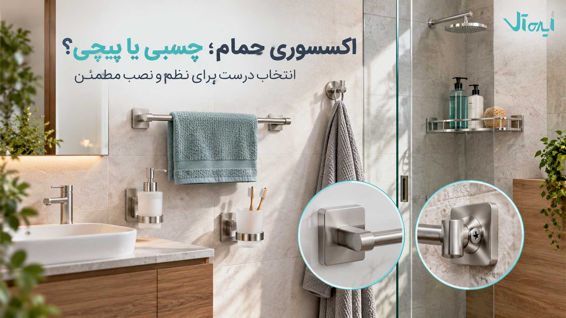 اکسسوری‌های حمام چسبی و پیچی در یک سرویس بهداشتی مدرن