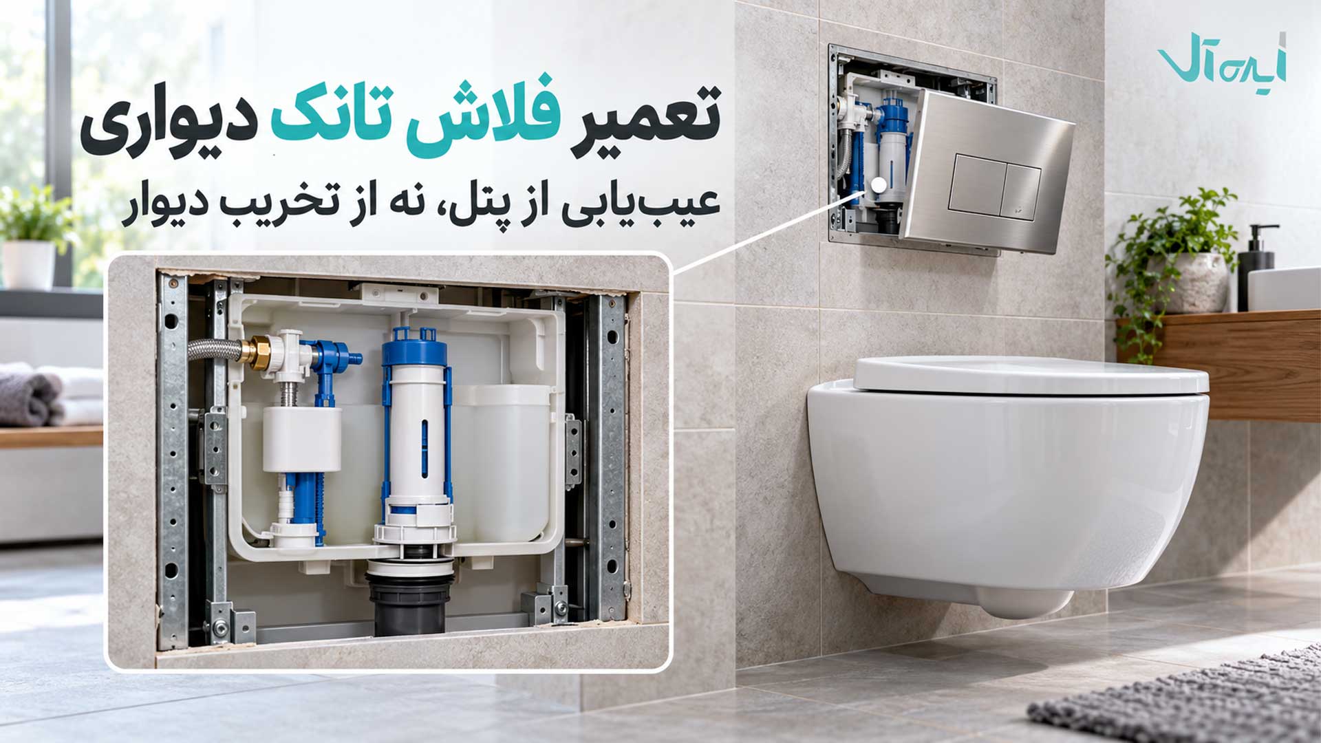 تعمیر فلاش تانک دیواری از طریق پنل دسترسی و بررسی مکانیزم داخلی