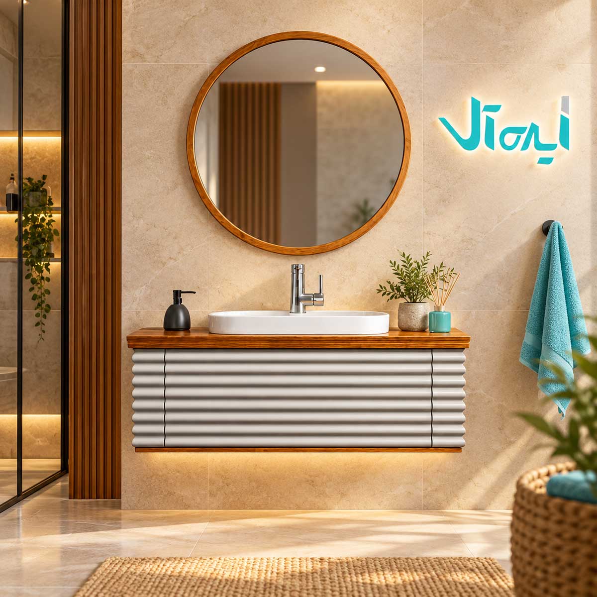 ست روشویی دیواری با آینه گرد و کابینت چوبی شیاردار
