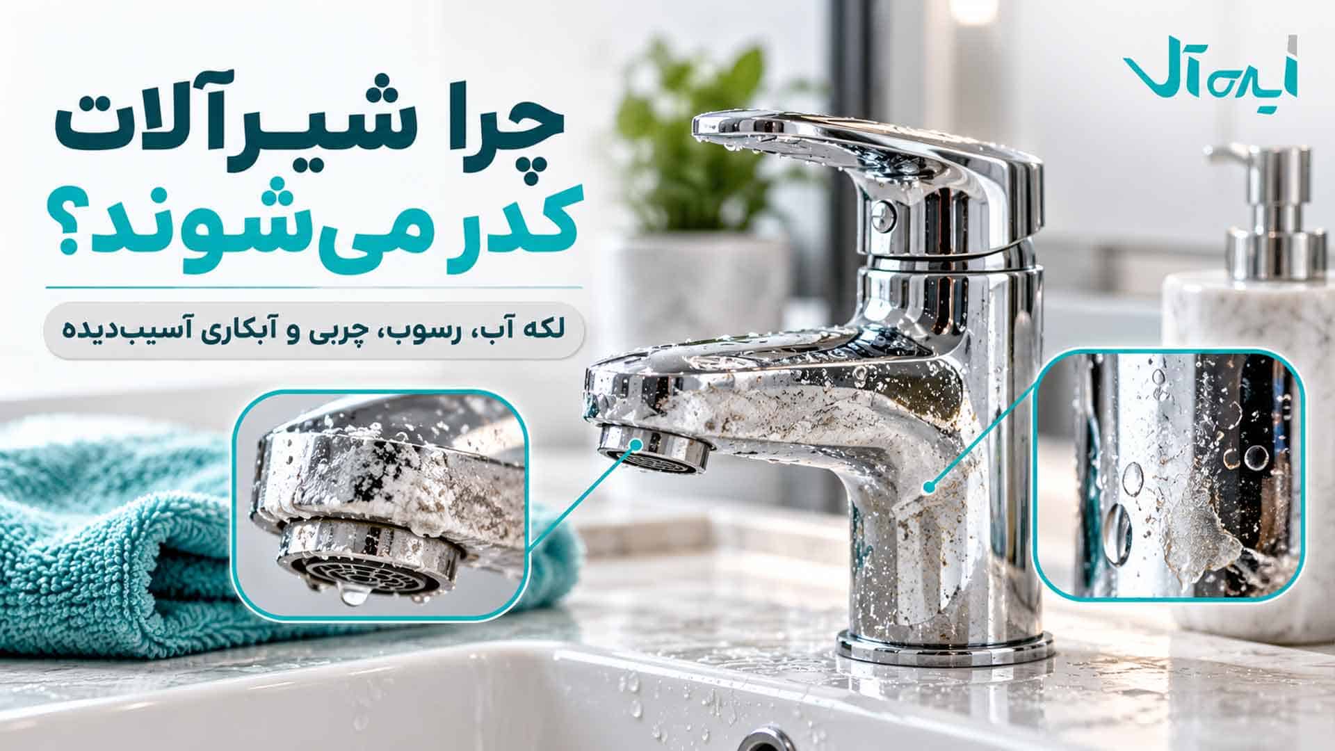 شیرآلات کروم کدر و رسوب‌گرفته با لکه آب، رسوب سفید، چربی و قطرات خشک‌شده