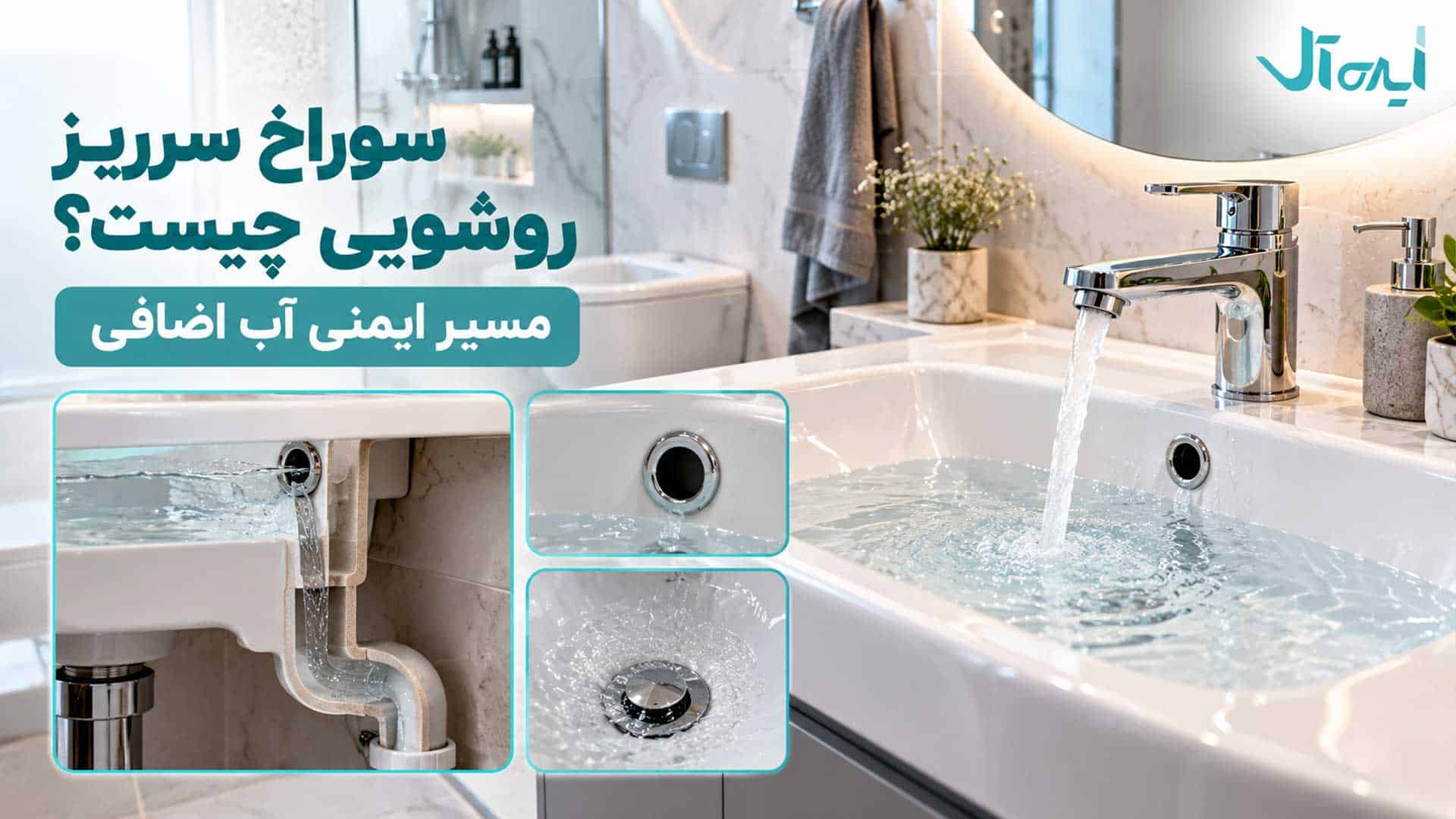 نمای نزدیک سوراخ سرریز روشویی و مسیر هدایت آب اضافی به سمت سیستم تخلیه