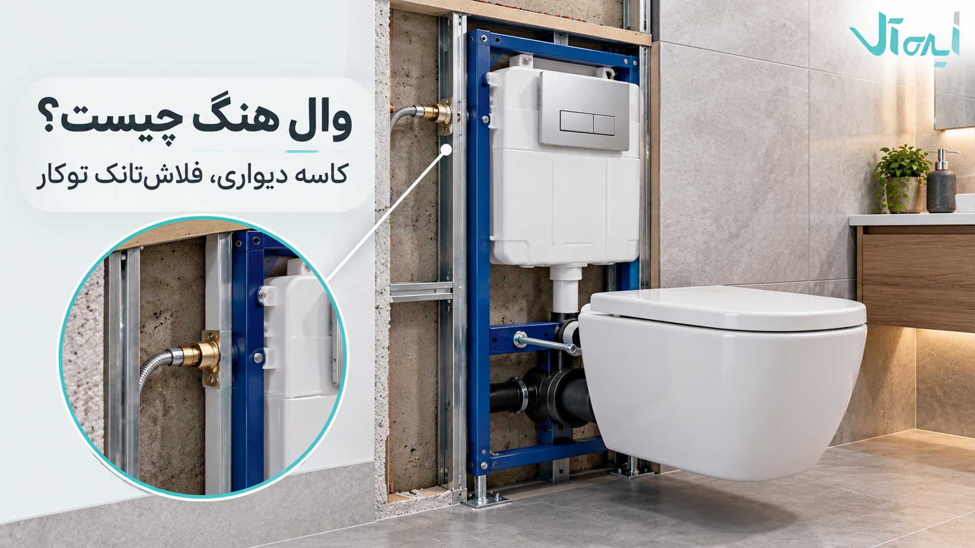 نمایش اجزای توالت فرنگی وال هنگ شامل کاسه دیواری، استراکچر و فلاش‌تانک توکار