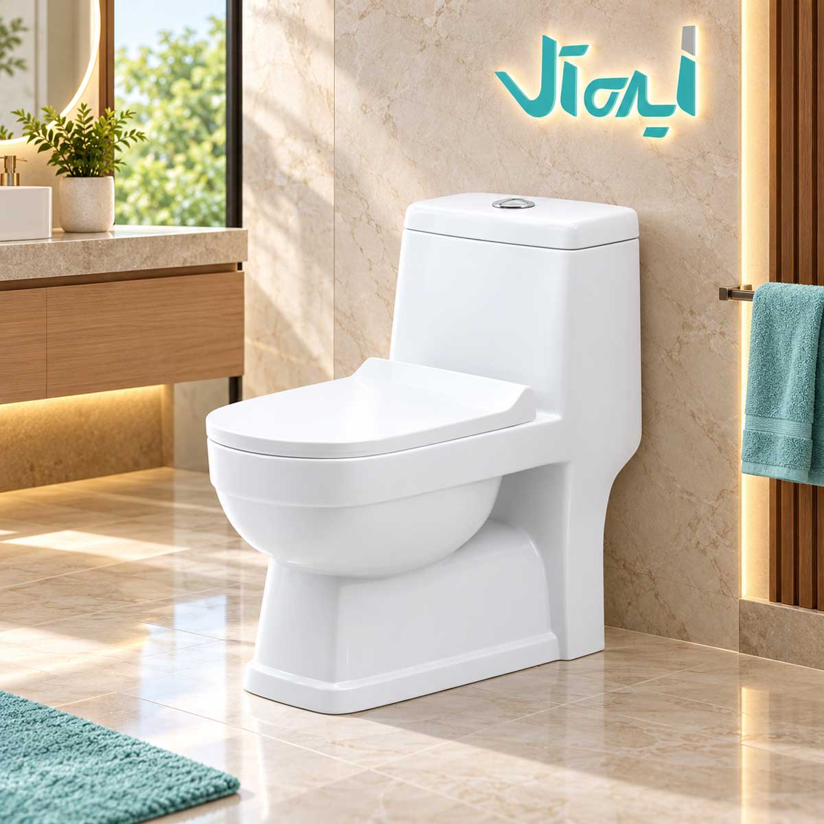 توالت فرنگی زمینی سفید در سرویس بهداشتی مدرن