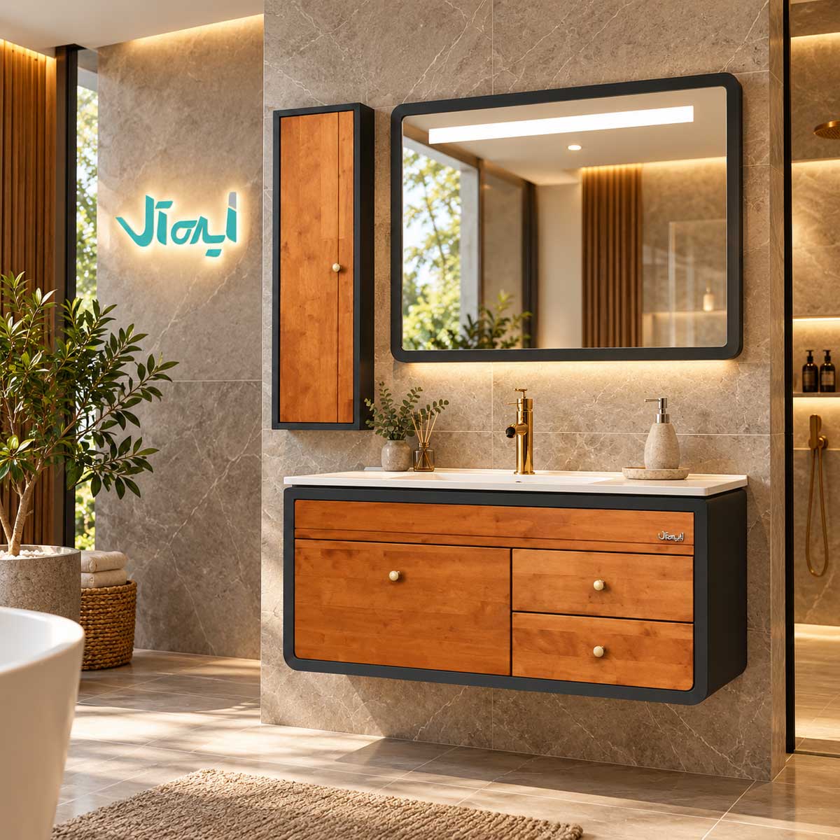 ست روشویی مشکی با آینه مستطیلی و کابینت حمام