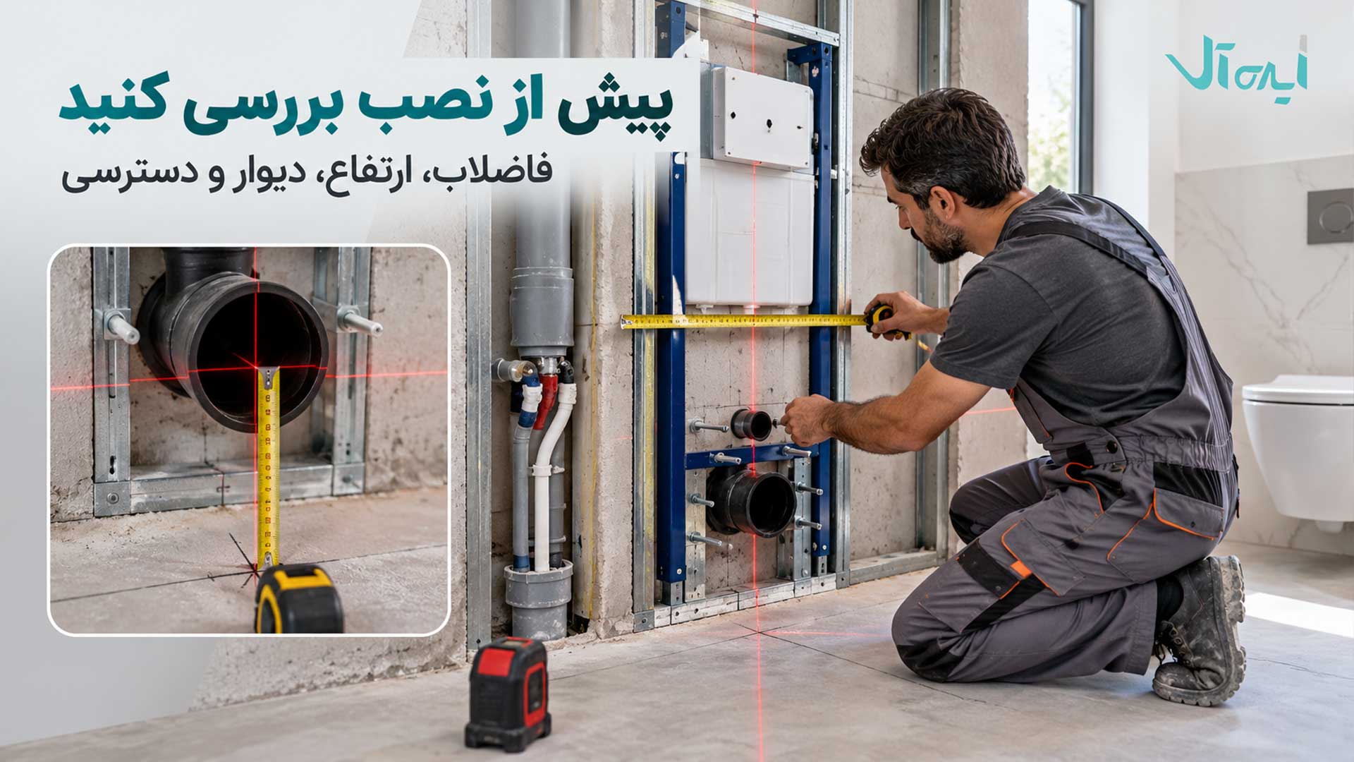 اندازه‌گیری محل فاضلاب، ارتفاع و محور نصب توالت فرنگی وال هنگ