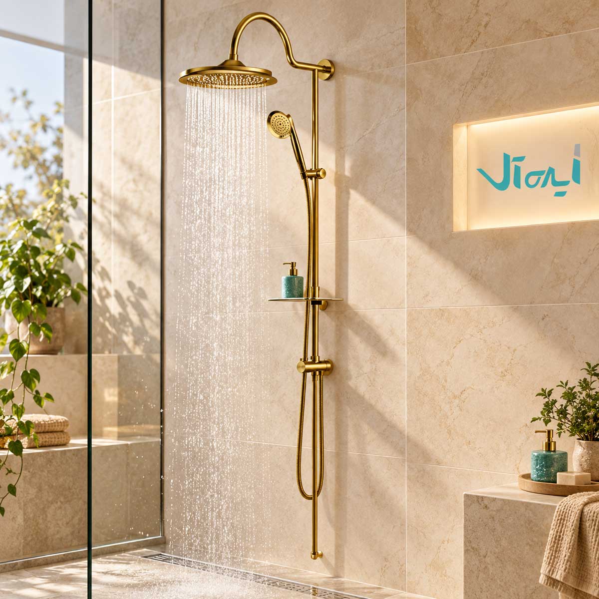 علم دوش طلایی با سردوش گرد و دوش دستی در حمام مدرن