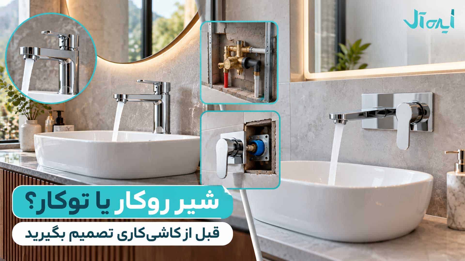 مقایسه شیر روشویی روکار روی صفحه کابینت با شیر توکار دیواری و اتصالات داخل دیوار