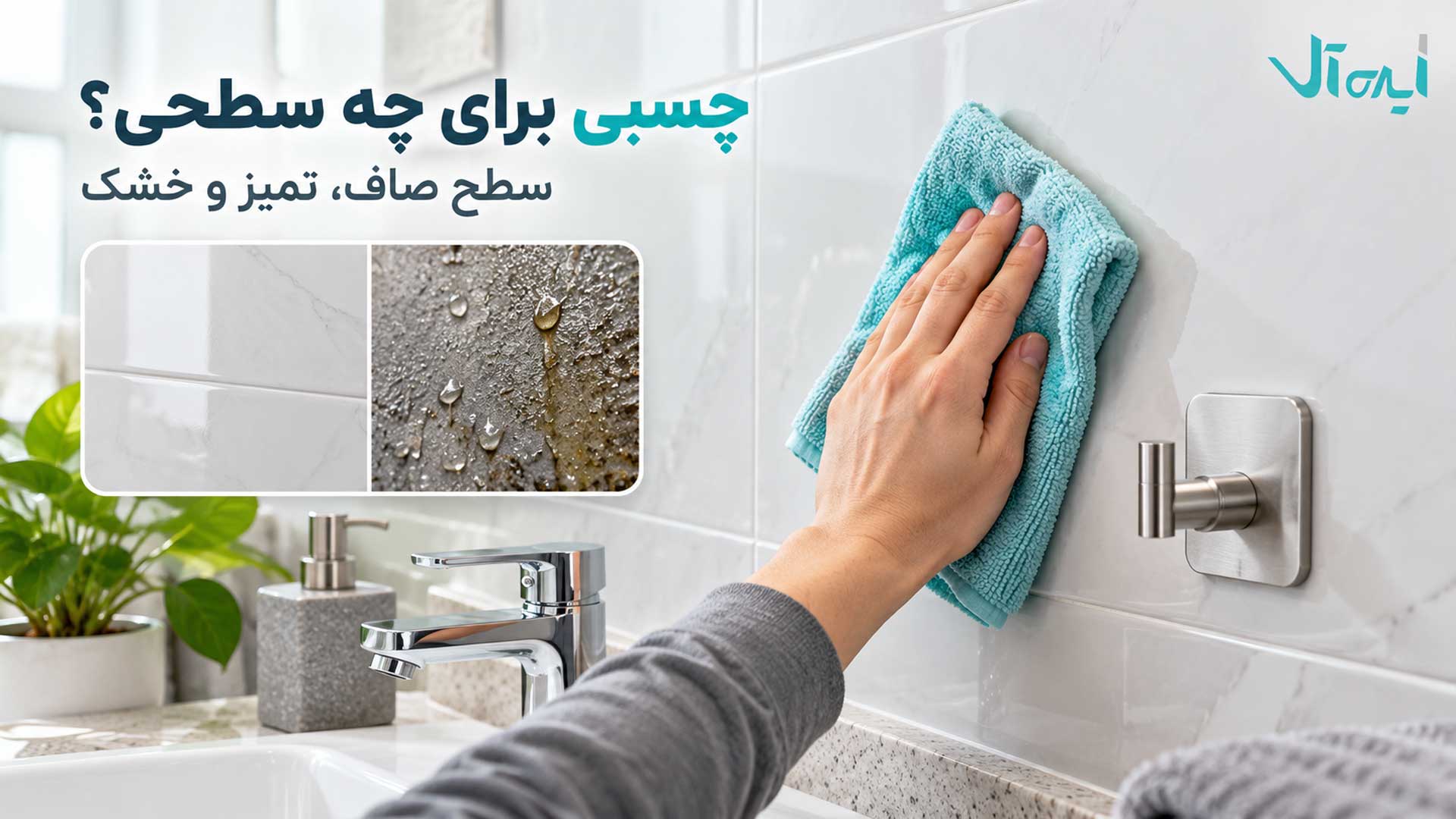 تمیز کردن و خشک کردن سطح کاشی برای نصب اکسسوری چسبی حمام