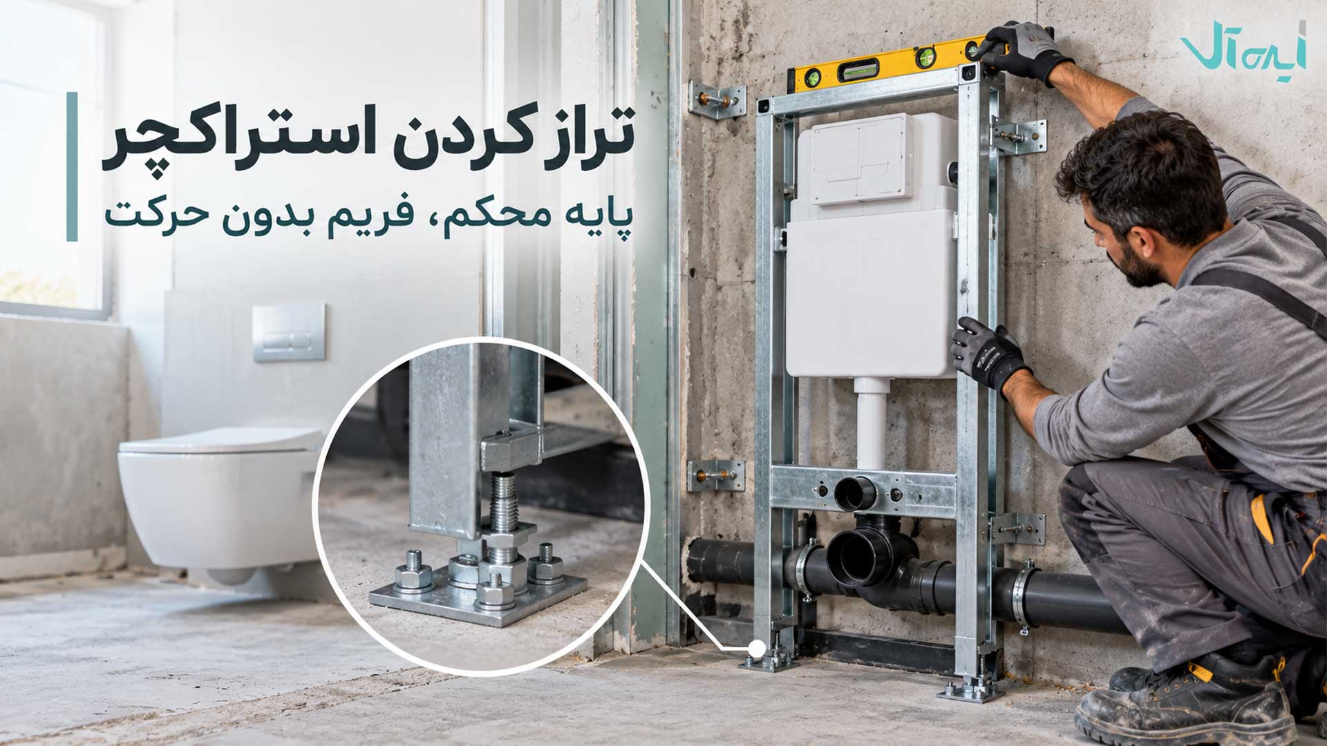 تراز کردن و ثابت کردن استراکچر فلزی فلاش تانک توکار روی کف و دیوار