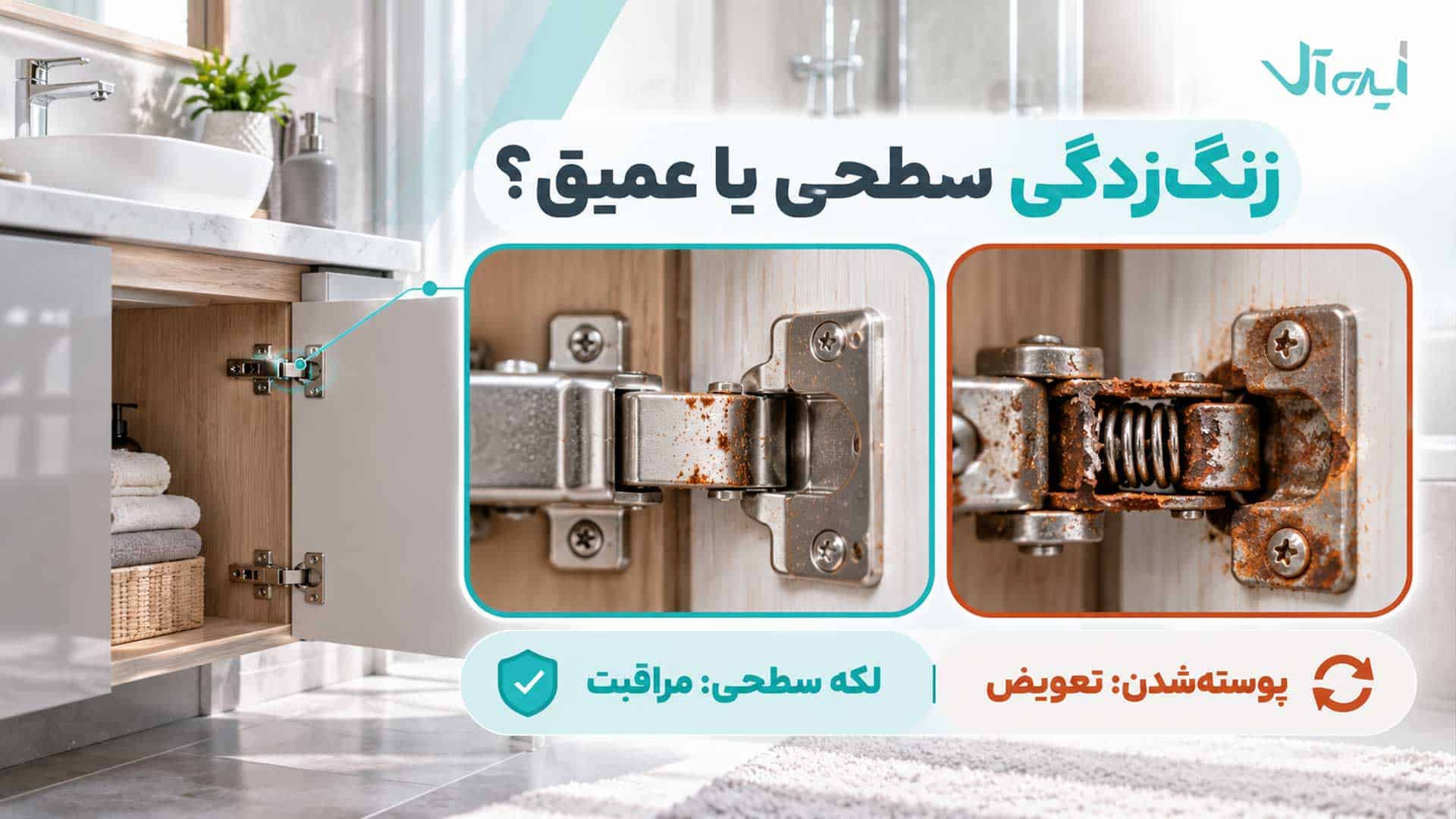 مقایسه زنگ‌زدگی سطحی و عمیق لولای کابینت روشویی و تشخیص زمان تعویض