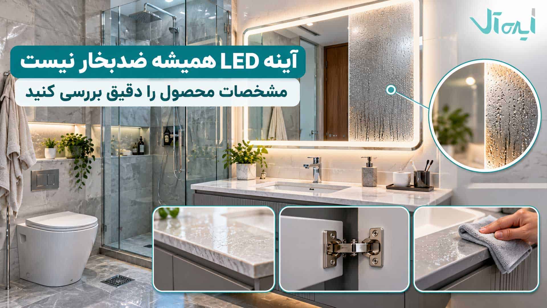 آینه LED سرویس بهداشتی با بخش بخارگرفته و جزئیات لولا و خشک‌کردن کابینت روشویی